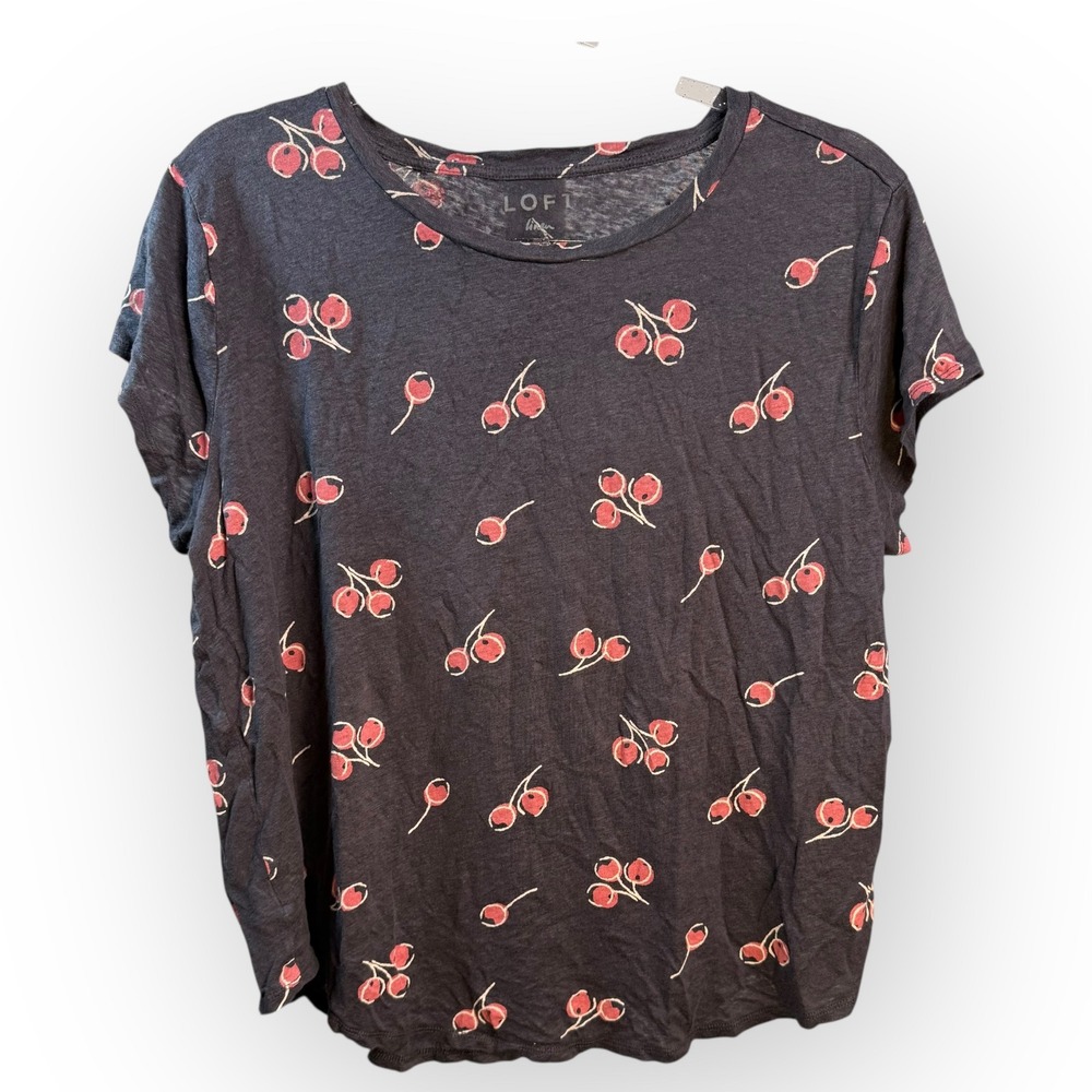 LOFT Linen Top Cherry Print Short Sleeve Casual‎ Everyday Tee Shirt